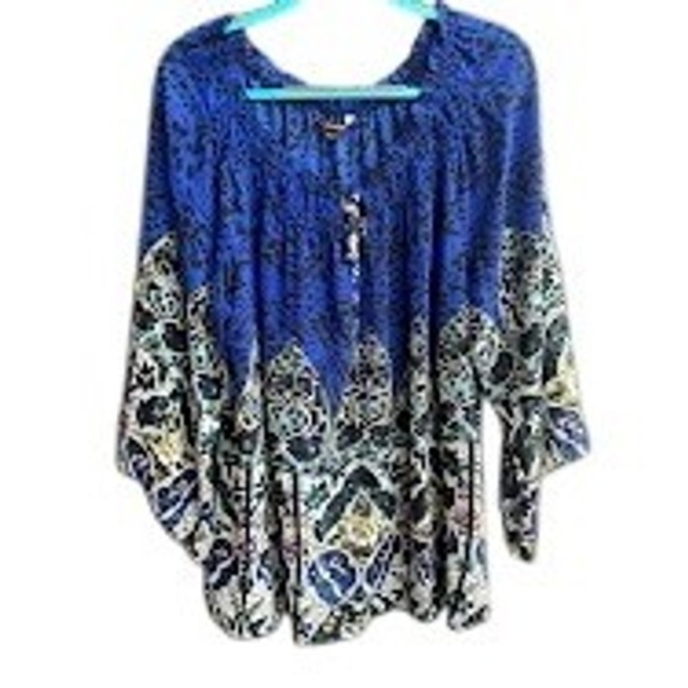 Blue‎ Leopard Stained Glass Boho Tunic Top 2X Bell Sleeve